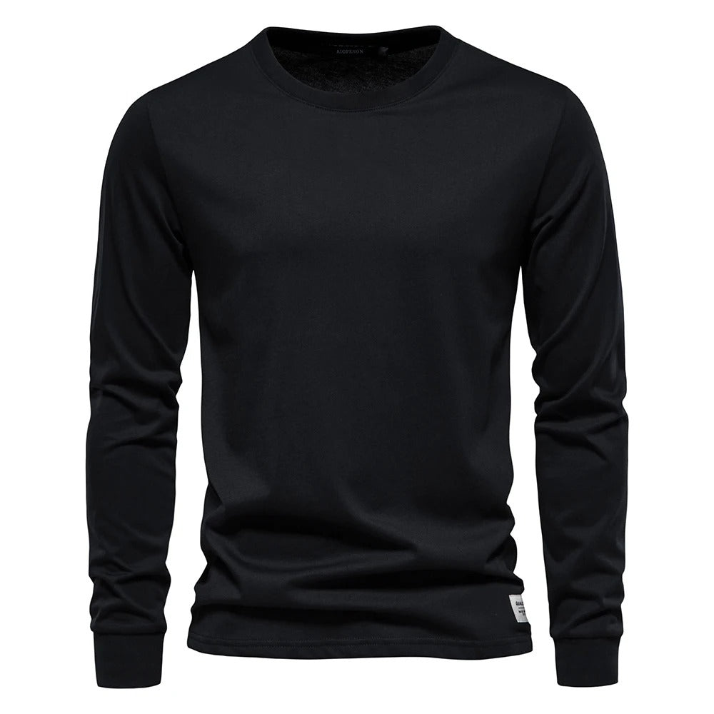 T-shirt à manches longues pour hommes en coton respirant avec col rond