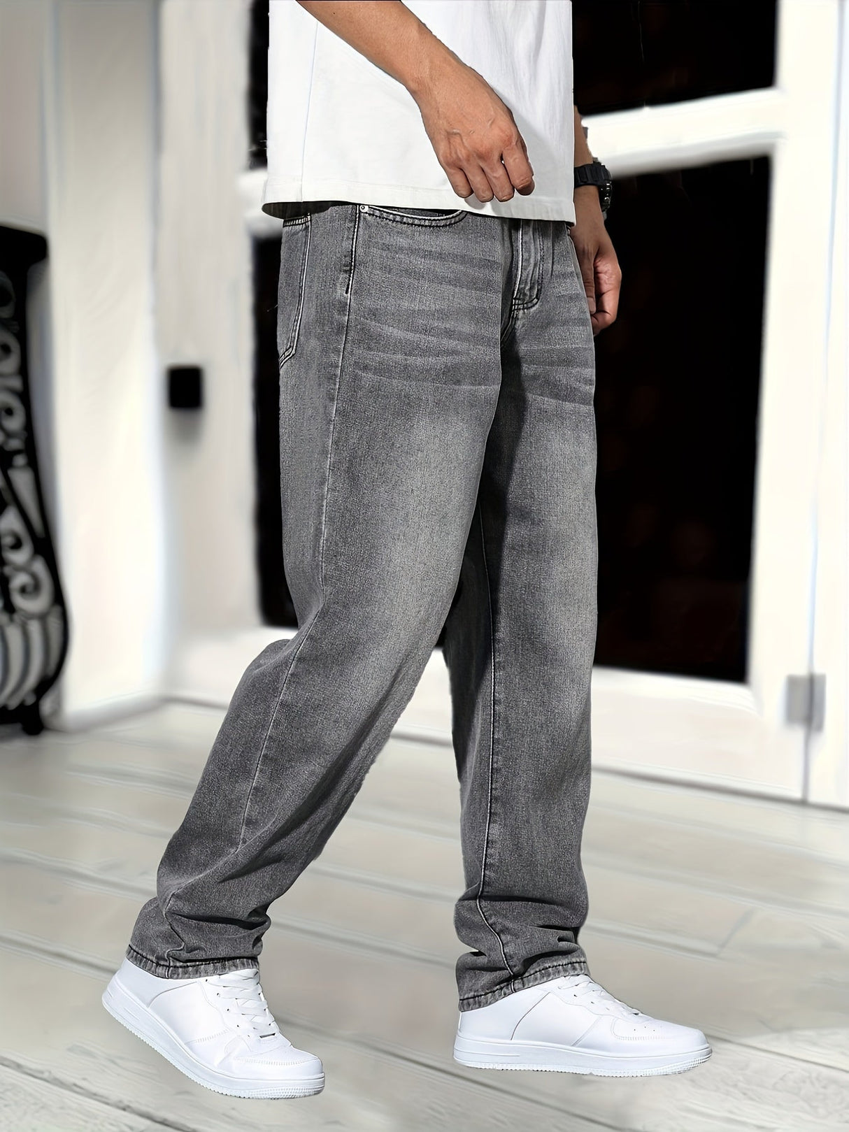 Herrenjeans lockerer Schnitt – Graue Denim-Hose im Casual-Stil