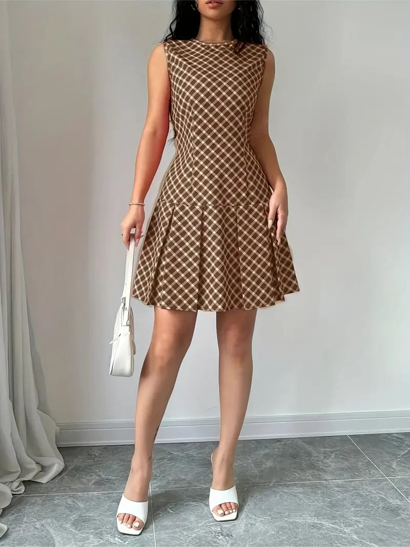 Robe Trapèze Sans Manches à Imprimé Carreaux Vintage
