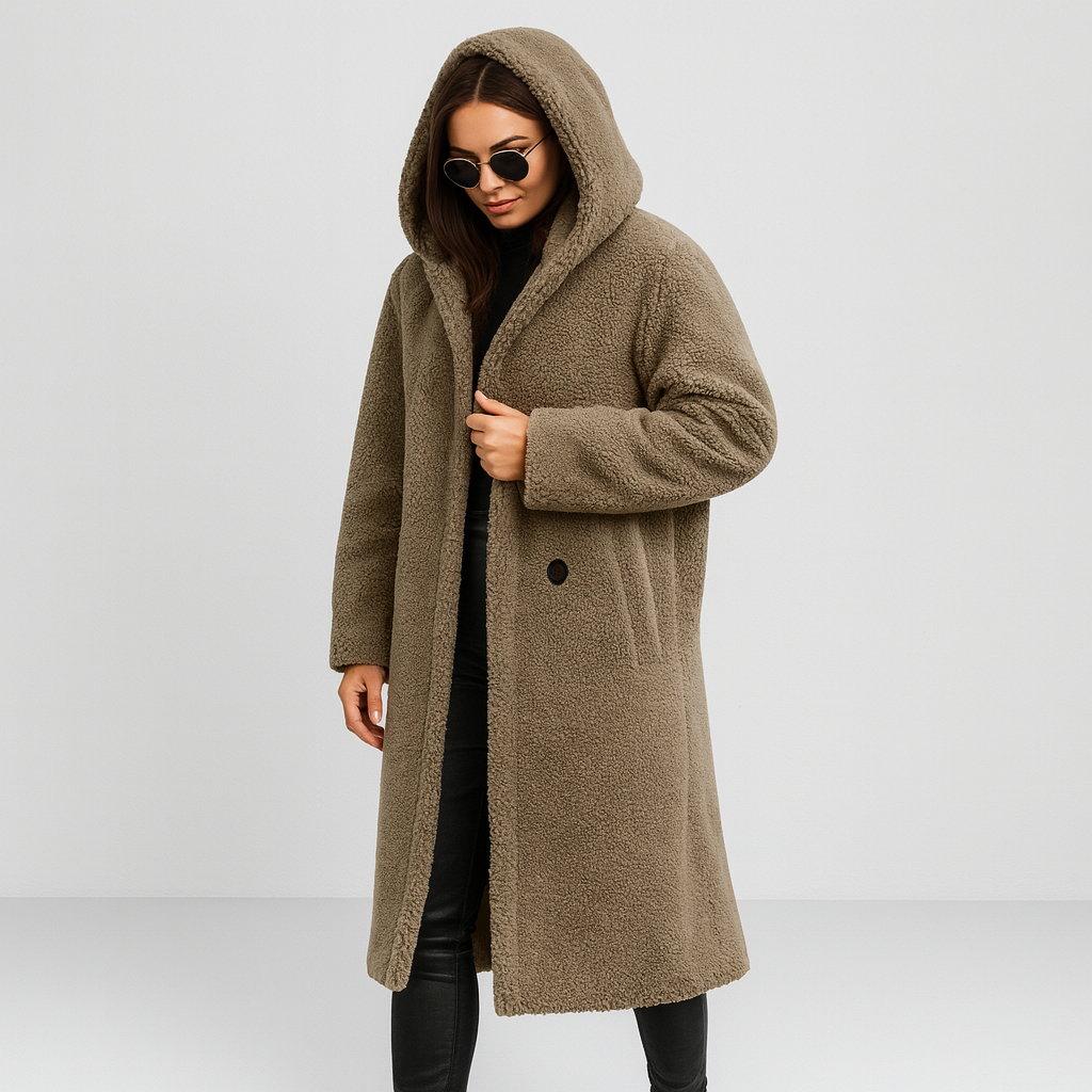 Damen langer Wintermantel mit Kapuze – warm, weich und elegant