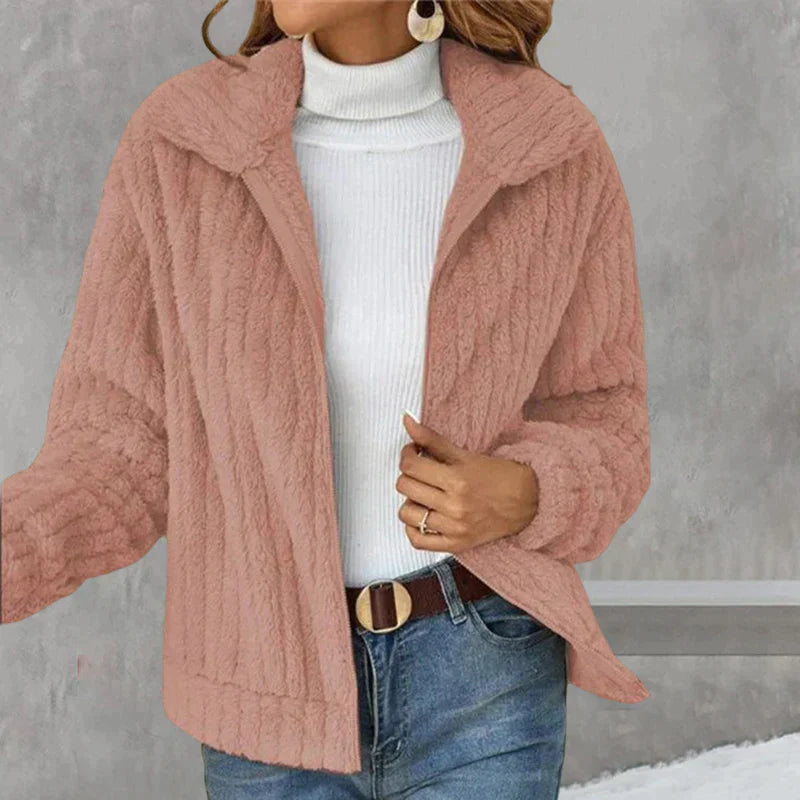 Teddyjacke Damen – Weicher Fleece-Mantel mit Reißverschluss und Kragen