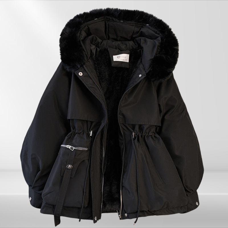 Damen Luxus Wintermantel mit Pelzkragen – Warmer Parka mit Taillenzug