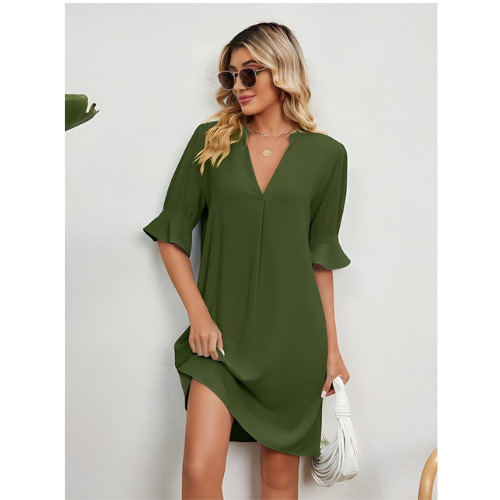 Robe d'Été Mini Femme à Col V en Coton Mélangé