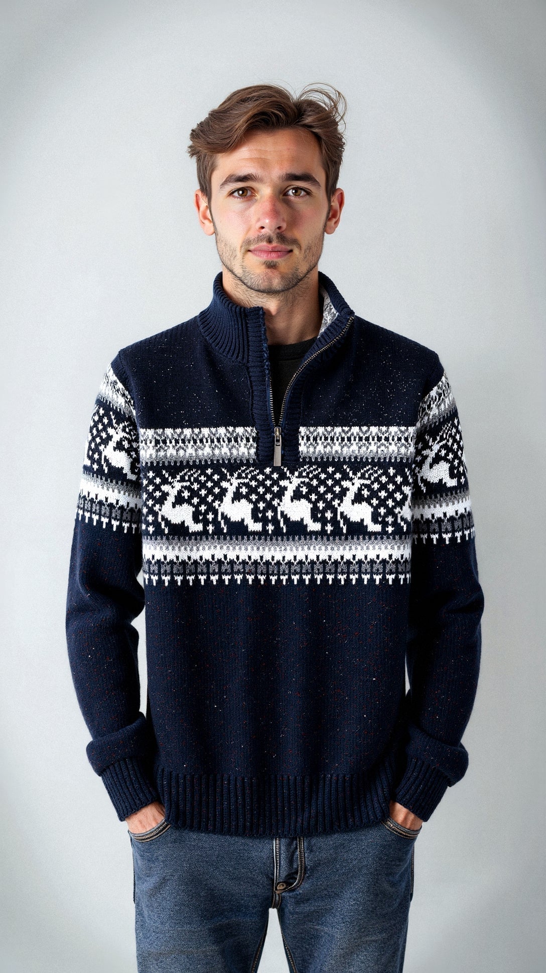 Men's Winter Sweater with Nordic Pattern – Comfortable Half-Zip Sweatshirt