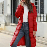 Damen langer Wintermantel – warme gesteppte Jacke mit Kapuze