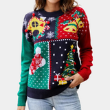 Pull de Noël Femme – Sweat d’Hiver Patchwork Coloré avec Motif de Noël