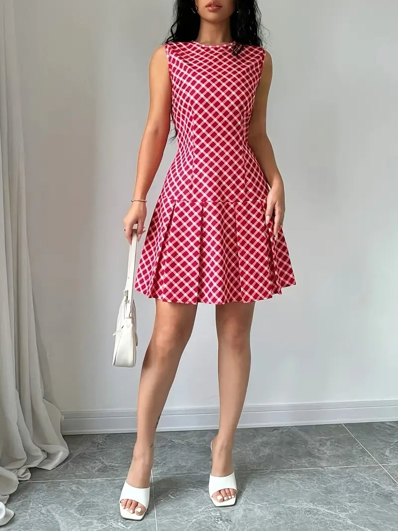 Robe Trapèze Sans Manches à Imprimé Carreaux Vintage