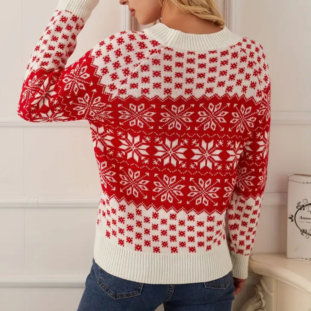 Weihnachts-Pullover Damen – Roter und weißer Winterpullover mit Schneeflockenmuster