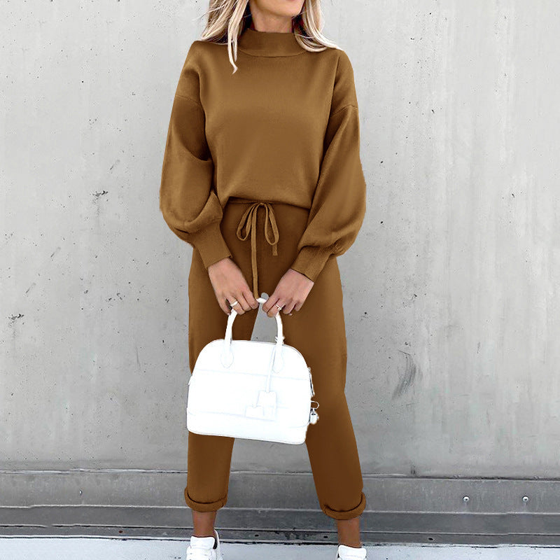 Damen Hausanzug – Weiches zweiteiliges Loungewear-Set mit Rollkragenpullover