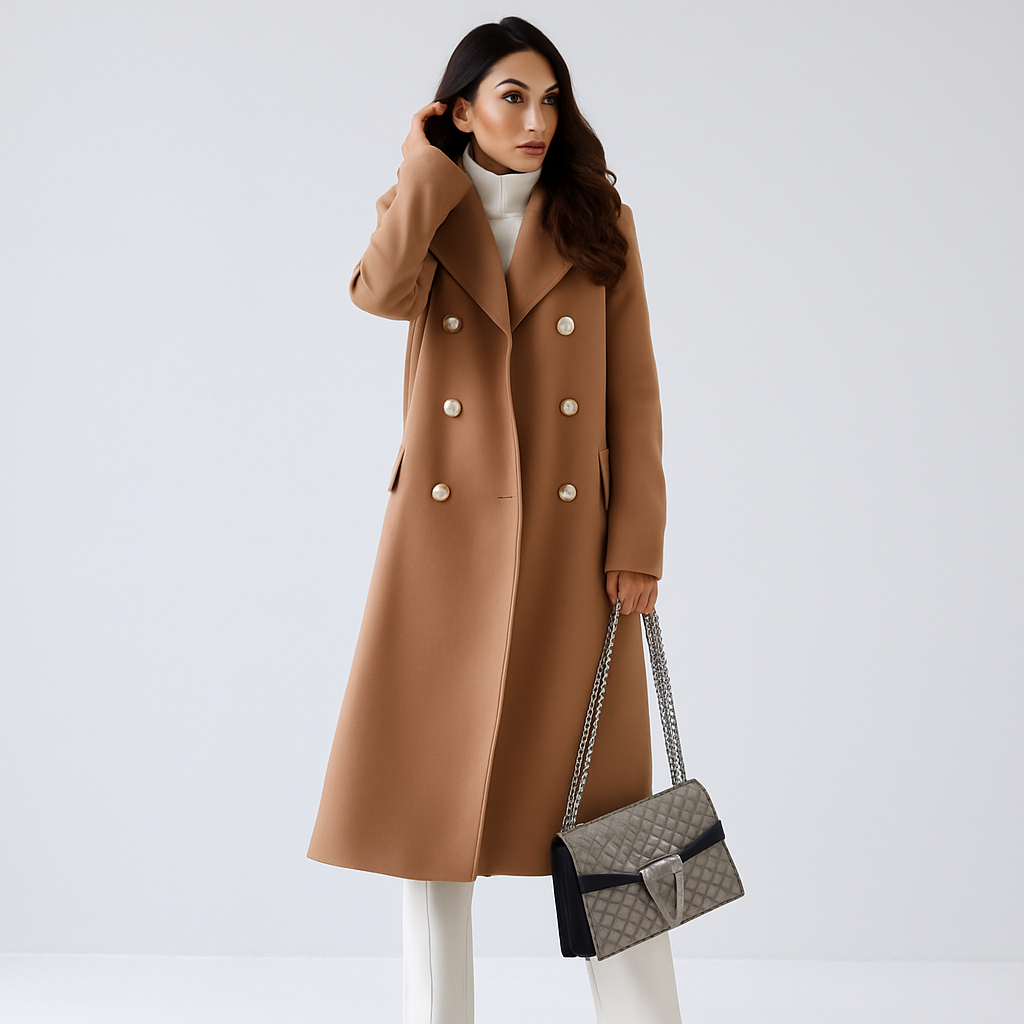 Damen langer Mantel mit doppelter Knopfleiste – elegant & zeitlos