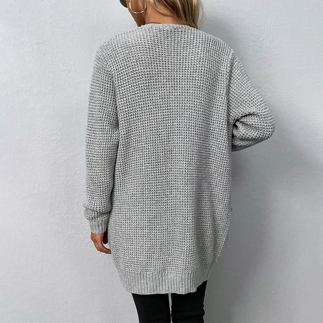 Long cardigan femme avec col en V et poches, idéal pour l'automne et l'hiver